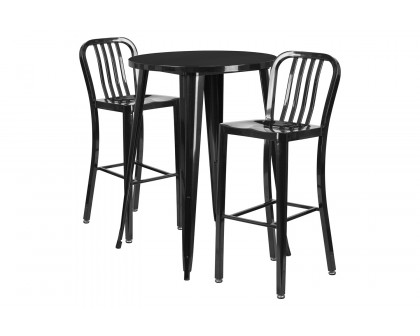 BLNK Brad Commercial Round Metal Indoor-Outdoor Bar Table Set with 2 Vertical Slat Back Stools