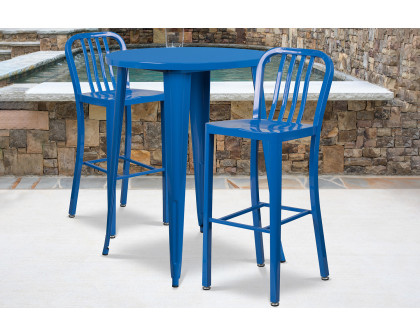 BLNK Brad Commercial Round Metal Indoor-Outdoor Bar Table Set with 2 Vertical Slat Back Stools