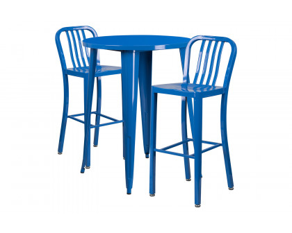 BLNK Brad Commercial Round Metal Indoor-Outdoor Bar Table Set with 2 Vertical Slat Back Stools - Blue