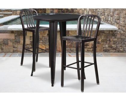 BLNK Brad Commercial Round Metal Indoor-Outdoor Bar Table Set with 2 Vertical Slat Back Stools