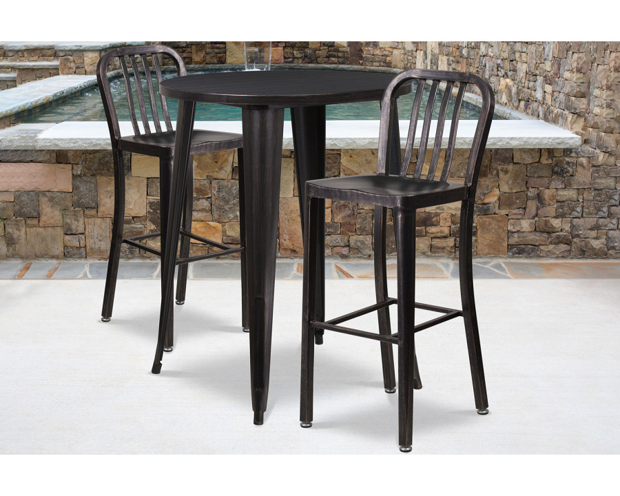 BLNK Brad Commercial Round Metal Indoor-Outdoor Bar Table Set with 2 Vertical Slat Back Stools - Black/Antique Gold