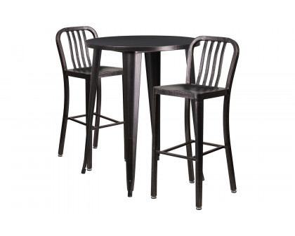 BLNK Brad Commercial Round Metal Indoor-Outdoor Bar Table Set with 2 Vertical Slat Back Stools - Black/Antique Gold