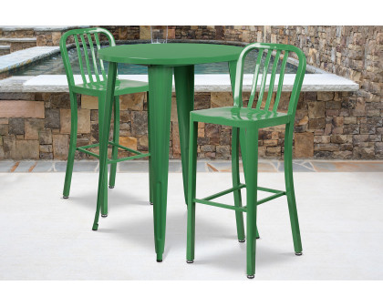 BLNK Brad Commercial Round Metal Indoor-Outdoor Bar Table Set with 2 Vertical Slat Back Stools