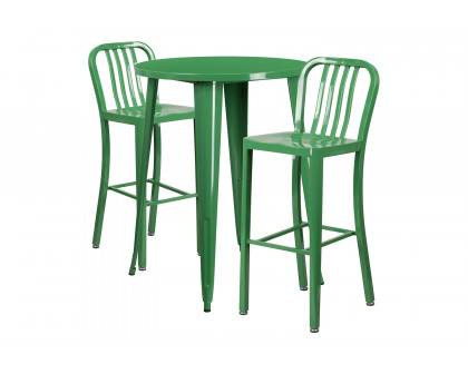 BLNK Brad Commercial Round Metal Indoor-Outdoor Bar Table Set with 2 Vertical Slat Back Stools - Green