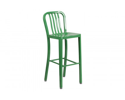 BLNK Brad Commercial Round Metal Indoor-Outdoor Bar Table Set with 2 Vertical Slat Back Stools - Green