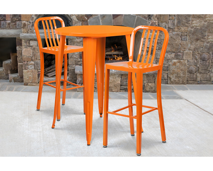 BLNK Brad Commercial Round Metal Indoor-Outdoor Bar Table Set with 2 Vertical Slat Back Stools - Orange