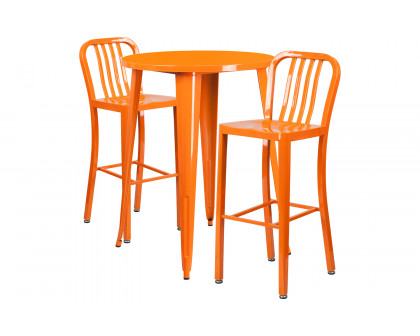 BLNK Brad Commercial Round Metal Indoor-Outdoor Bar Table Set with 2 Vertical Slat Back Stools - Orange