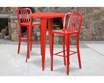 BLNK Brad Commercial Round Metal Indoor-Outdoor Bar Table Set with 2 Vertical Slat Back Stools