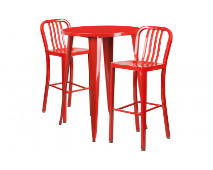 BLNK Brad Commercial Round Metal Indoor-Outdoor Bar Table Set with 2 Vertical Slat Back Stools - Red