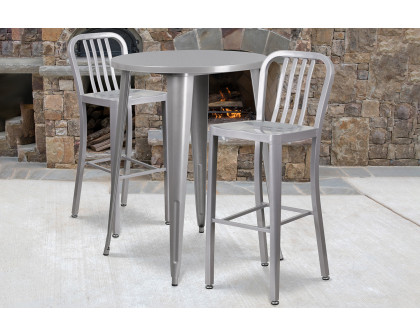 BLNK Brad Commercial Round Metal Indoor-Outdoor Bar Table Set with 2 Vertical Slat Back Stools