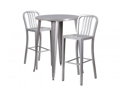 BLNK Brad Commercial Round Metal Indoor-Outdoor Bar Table Set with 2 Vertical Slat Back Stools - Silver