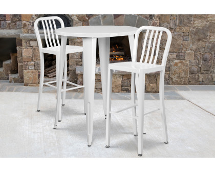 BLNK Brad Commercial Round Metal Indoor-Outdoor Bar Table Set with 2 Vertical Slat Back Stools