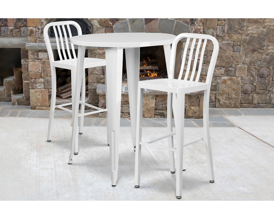 BLNK Brad Commercial Round Metal Indoor-Outdoor Bar Table Set with 2 Vertical Slat Back Stools - White