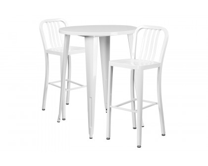 BLNK Brad Commercial Round Metal Indoor-Outdoor Bar Table Set with 2 Vertical Slat Back Stools - White