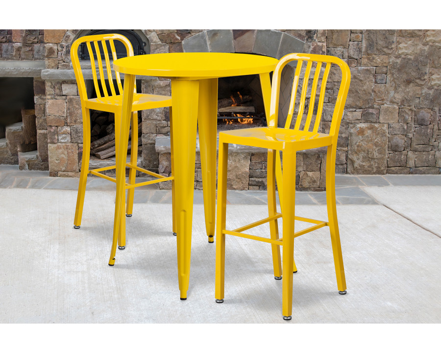 BLNK Brad Commercial Round Metal Indoor-Outdoor Bar Table Set with 2 Vertical Slat Back Stools - Yellow