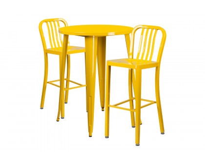 BLNK Brad Commercial Round Metal Indoor-Outdoor Bar Table Set with 2 Vertical Slat Back Stools - Yellow