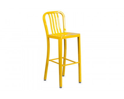 BLNK Brad Commercial Round Metal Indoor-Outdoor Bar Table Set with 2 Vertical Slat Back Stools - Yellow