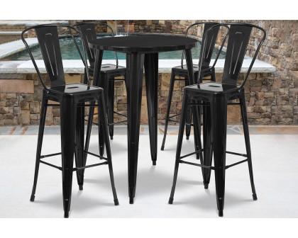 BLNK Callum Commercial Round Metal Indoor-Outdoor Bar Table Set with 4 Cafe Stools