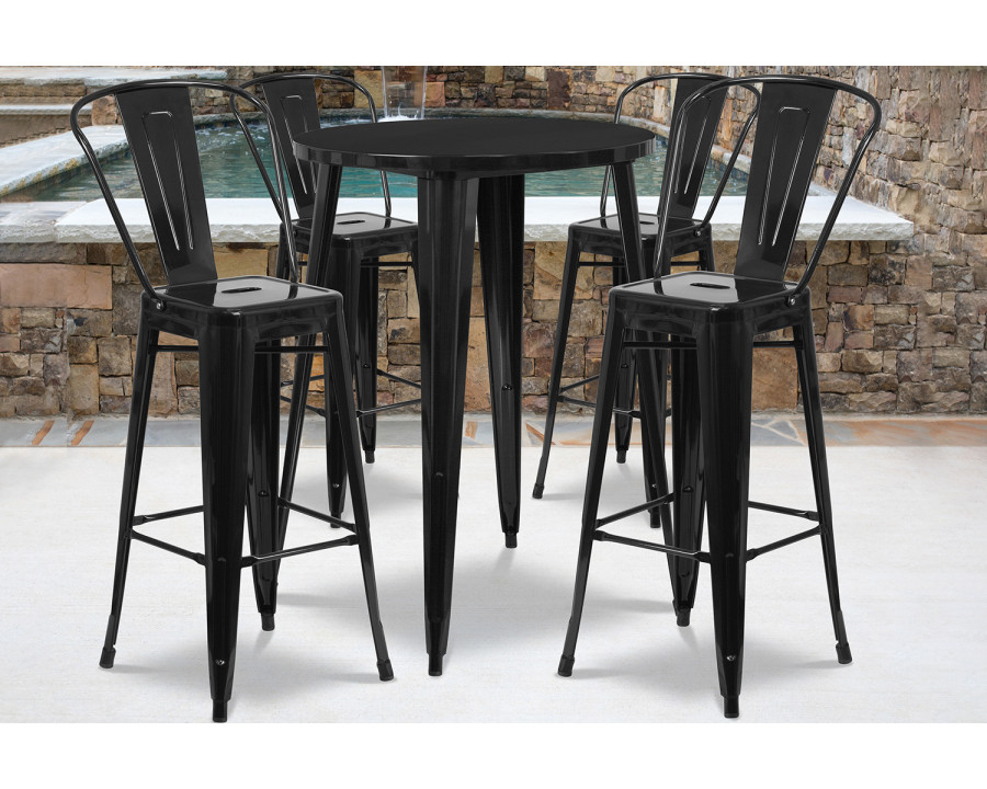 BLNK Callum Commercial Round Metal Indoor-Outdoor Bar Table Set with 4 Cafe Stools - Black