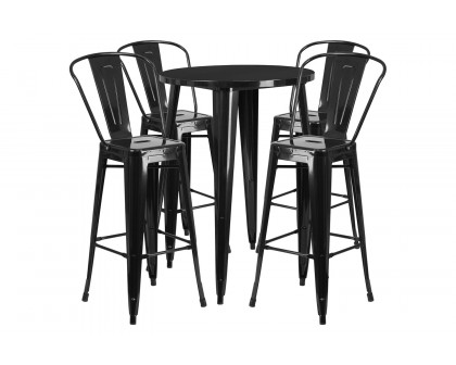 BLNK Callum Commercial Round Metal Indoor-Outdoor Bar Table Set with 4 Cafe Stools - Black