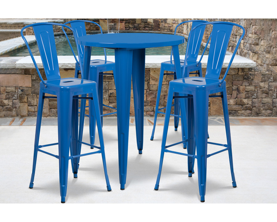 BLNK Callum Commercial Round Metal Indoor-Outdoor Bar Table Set with 4 Cafe Stools