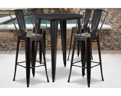 BLNK Callum Commercial Round Metal Indoor-Outdoor Bar Table Set with 4 Cafe Stools