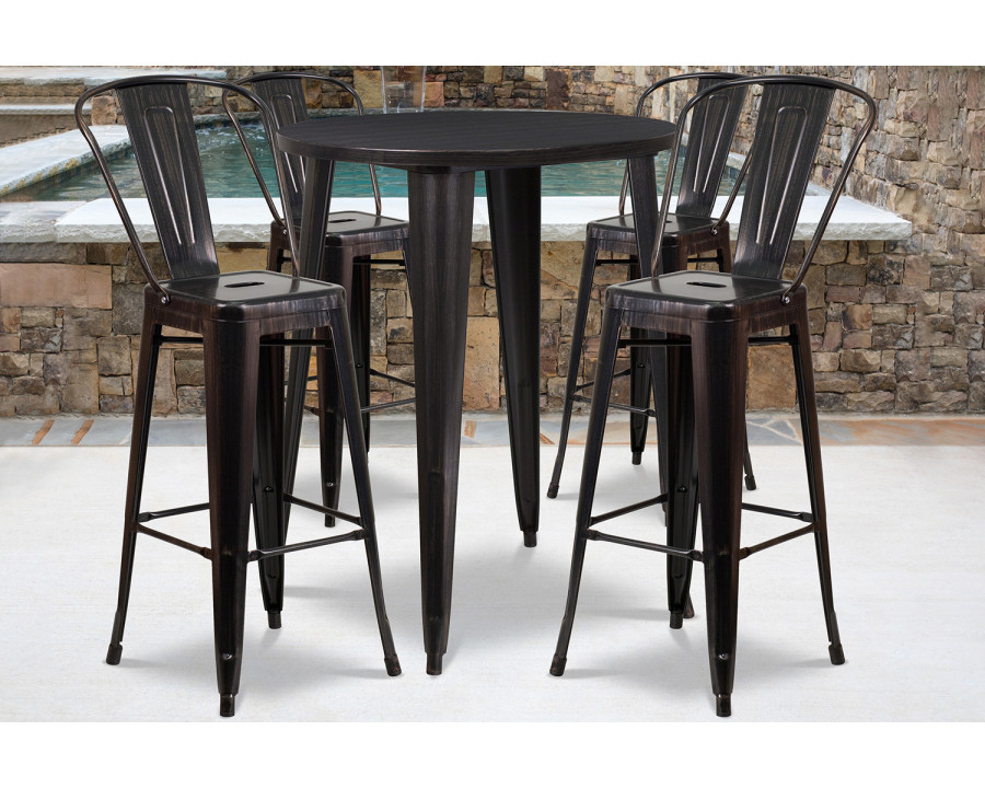 BLNK Callum Commercial Round Metal Indoor-Outdoor Bar Table Set with 4 Cafe Stools - Black/Antique Gold