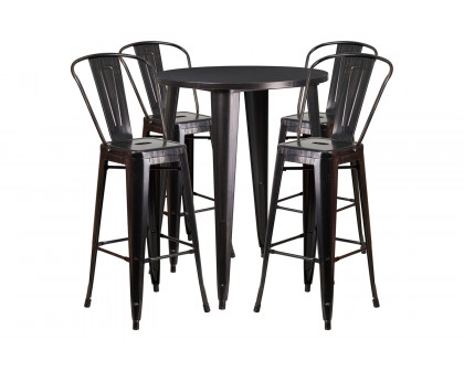 BLNK Callum Commercial Round Metal Indoor-Outdoor Bar Table Set with 4 Cafe Stools - Black/Antique Gold