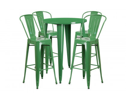 BLNK Callum Commercial Round Metal Indoor-Outdoor Bar Table Set with 4 Cafe Stools - Green