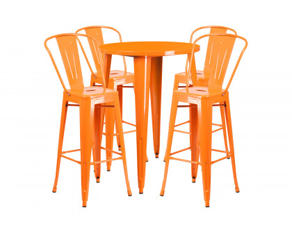 BLNK Callum Commercial Round Metal Indoor-Outdoor Bar Table Set with 4 Cafe Stools - Orange