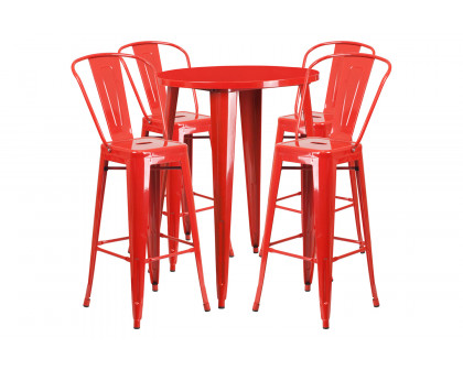 BLNK Callum Commercial Round Metal Indoor-Outdoor Bar Table Set with 4 Cafe Stools - Red