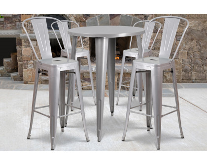 BLNK Callum Commercial Round Metal Indoor-Outdoor Bar Table Set with 4 Cafe Stools