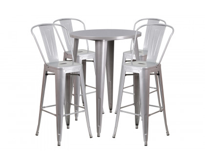 BLNK Callum Commercial Round Metal Indoor-Outdoor Bar Table Set with 4 Cafe Stools - Silver