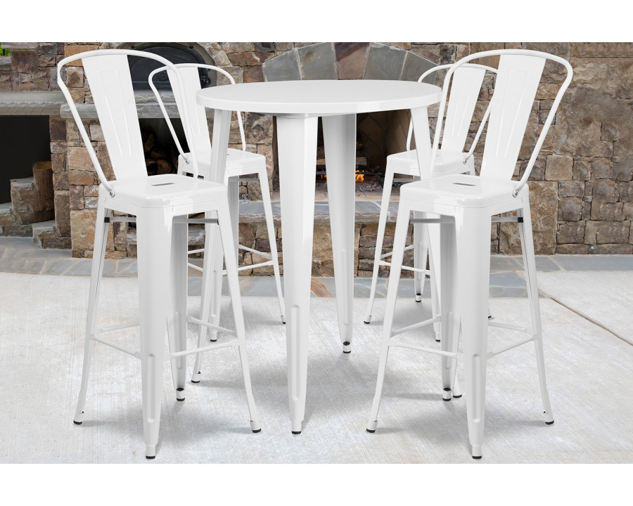 BLNK Callum Commercial Round Metal Indoor-Outdoor Bar Table Set with 4 Cafe Stools - White