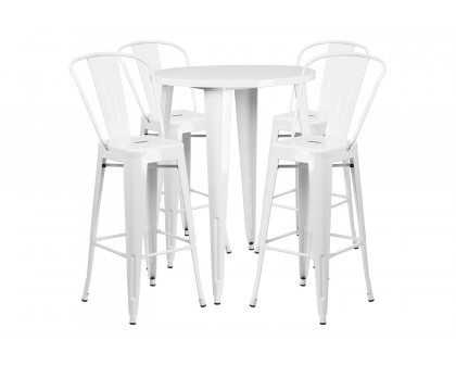 BLNK Callum Commercial Round Metal Indoor-Outdoor Bar Table Set with 4 Cafe Stools - White