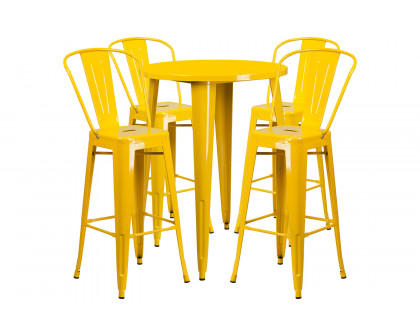 BLNK Callum Commercial Round Metal Indoor-Outdoor Bar Table Set with 4 Cafe Stools - Yellow