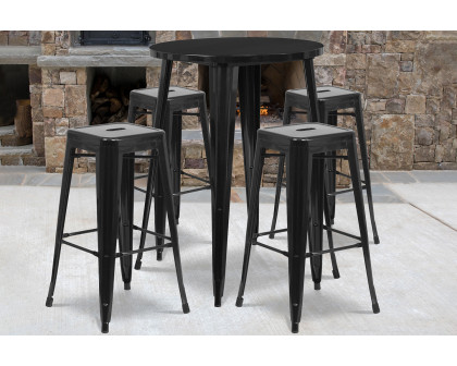 BLNK Coby Commercial Round Metal Indoor-Outdoor Bar Table Set with 4 Square Seat Backless Stools