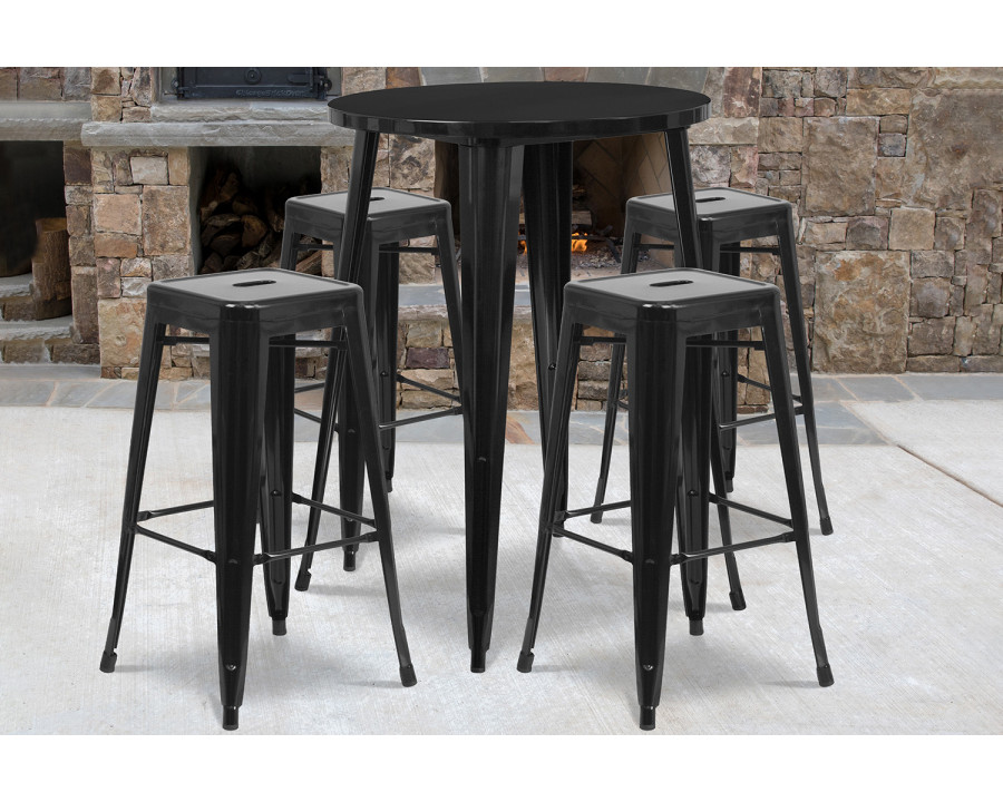 BLNK Coby Commercial Round Metal Indoor-Outdoor Bar Table Set with 4 Square Seat Backless Stools - Black