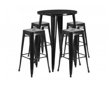 BLNK Coby Commercial Round Metal Indoor-Outdoor Bar Table Set with 4 Square Seat Backless Stools - Black