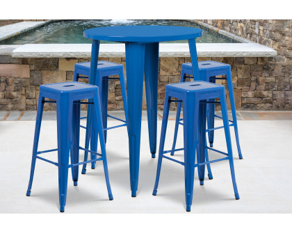 BLNK Coby Commercial Round Metal Indoor-Outdoor Bar Table Set with 4 Square Seat Backless Stools