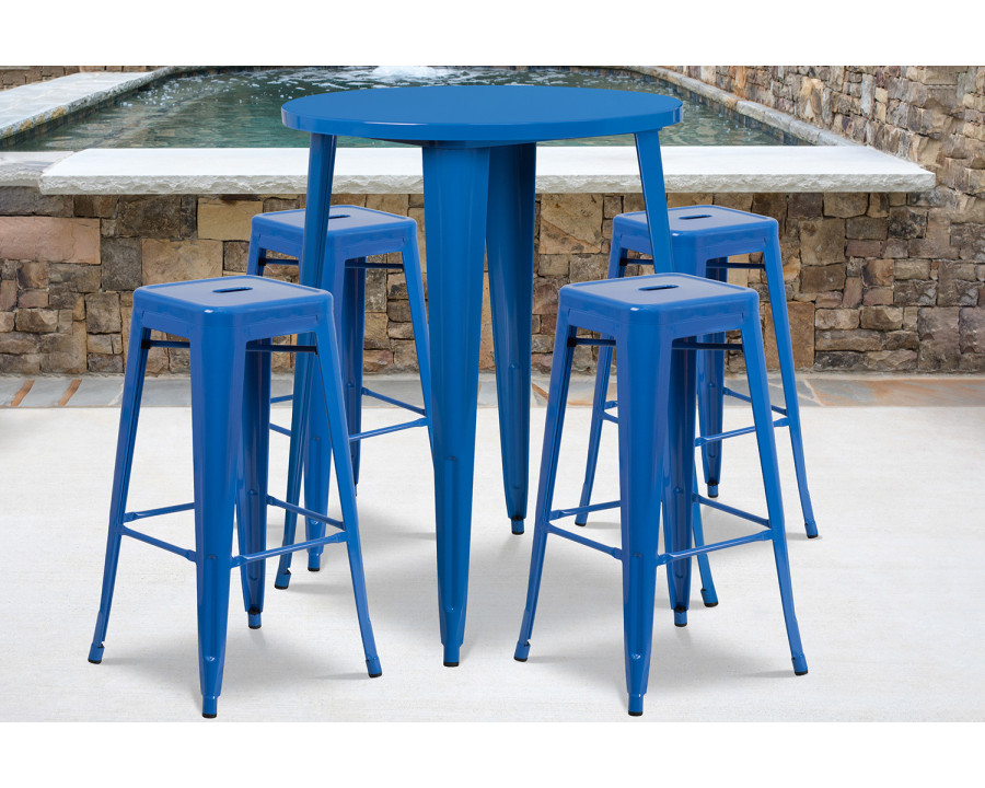 BLNK Coby Commercial Round Metal Indoor-Outdoor Bar Table Set with 4 Square Seat Backless Stools - Blue