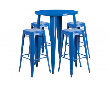 BLNK Coby Commercial Round Metal Indoor-Outdoor Bar Table Set with 4 Square Seat Backless Stools - Blue