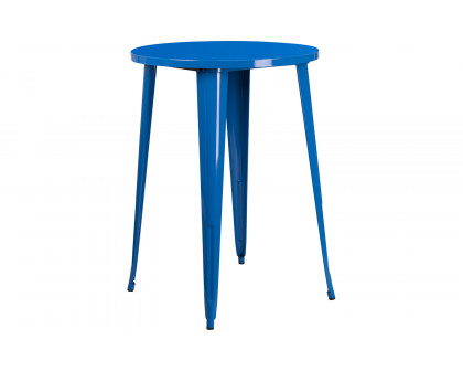 BLNK Coby Commercial Round Metal Indoor-Outdoor Bar Table Set with 4 Square Seat Backless Stools - Blue