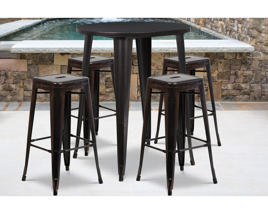 BLNK Coby Commercial Round Metal Indoor-Outdoor Bar Table Set with 4 Square Seat Backless Stools