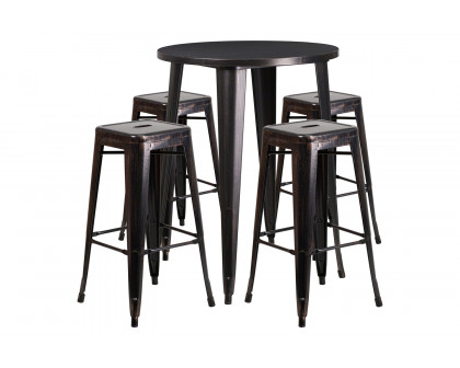 BLNK Coby Commercial Round Metal Indoor-Outdoor Bar Table Set with 4 Square Seat Backless Stools