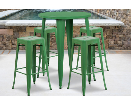 BLNK Coby Commercial Round Metal Indoor-Outdoor Bar Table Set with 4 Square Seat Backless Stools