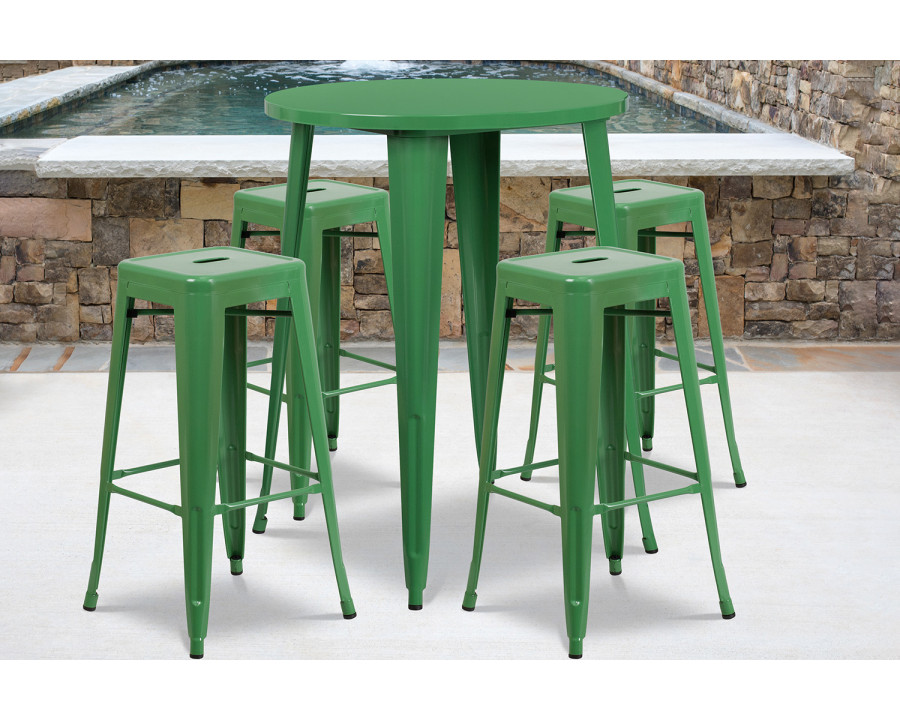 BLNK Coby Commercial Round Metal Indoor-Outdoor Bar Table Set with 4 Square Seat Backless Stools - Green