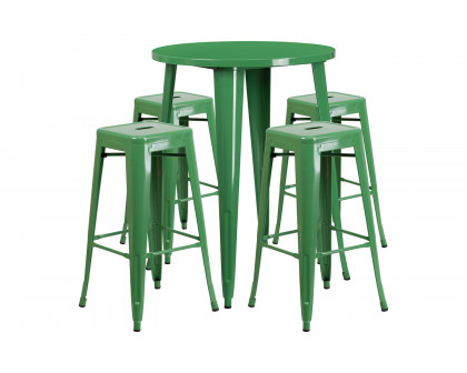 BLNK Coby Commercial Round Metal Indoor-Outdoor Bar Table Set with 4 Square Seat Backless Stools - Green