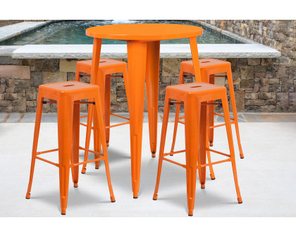 BLNK Coby Commercial Round Metal Indoor-Outdoor Bar Table Set with 4 Square Seat Backless Stools