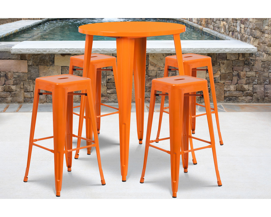 BLNK Coby Commercial Round Metal Indoor-Outdoor Bar Table Set with 4 Square Seat Backless Stools - Orange